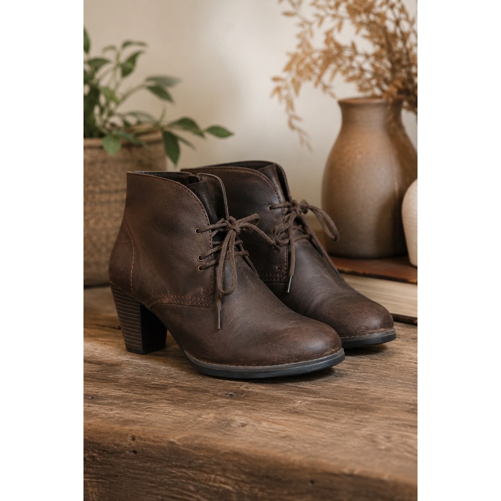 Brown Leather Lace Up Ankle Boots Block Heel Dark Academia Cottagecore 10